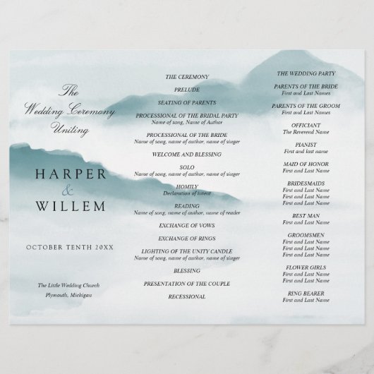 waterverf blauwe bergen drieledig trouwprogramma (Voorkant)