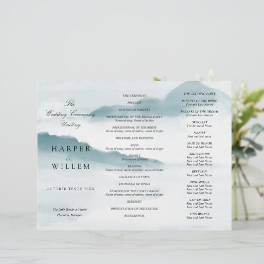 waterverf blauwe bergen drieledig trouwprogramma (Staand voorkant)