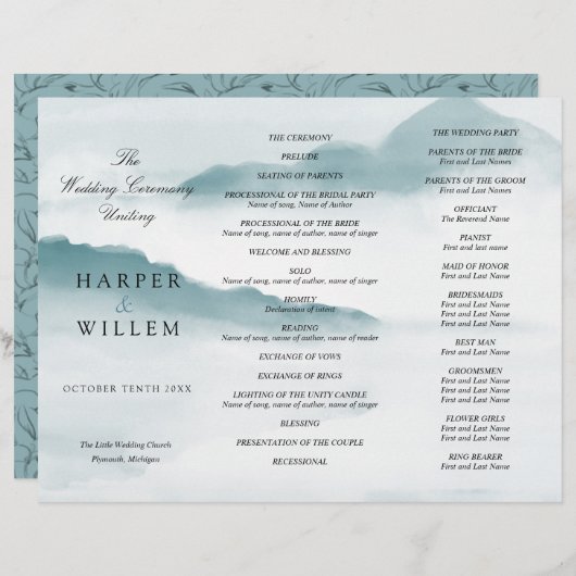 waterverf blauwe bergen drieledig trouwprogramma (Voorkant / Achterkant)