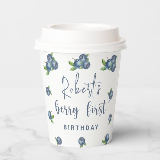 Waterverf blauwe bessen 1e verjaardagsfeestje papieren bekers (Achterkant)