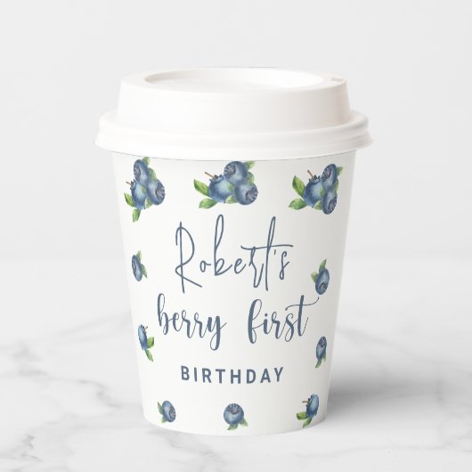 Waterverf blauwe bessen 1e verjaardagsfeestje papieren bekers (Voorkant)