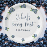 Waterverf blauwe bessen 1e verjaardagsfeestje papieren bordje<br><div class="desc">Kids verjaardagsfeestje! met waterverf illustratie van bosbessen met bladeren. In de tekst staat "berry first".</div>
