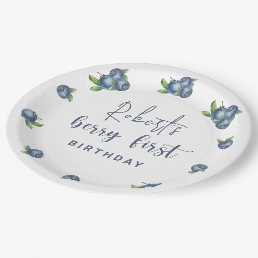 Waterverf blauwe bessen 1e verjaardagsfeestje papieren bordje (Gekanteld)