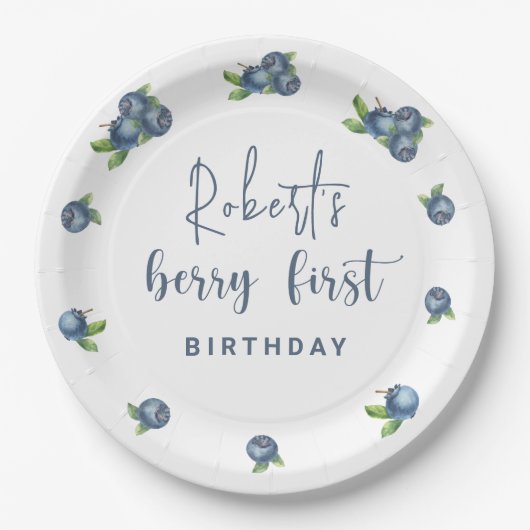 Waterverf blauwe bessen 1e verjaardagsfeestje papieren bordje (Voorkant)