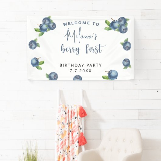 Waterverf blauwe bessen 1e verjaardagsfeestje spandoek (Insitu)