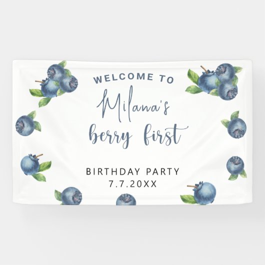 Waterverf blauwe bessen 1e verjaardagsfeestje spandoek (Horizontaal)