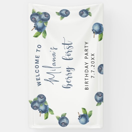 Waterverf blauwe bessen 1e verjaardagsfeestje spandoek (Verticaal)