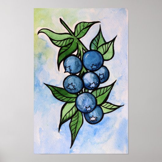 Waterverf Blauwe Bessen Poster (Voorkant)