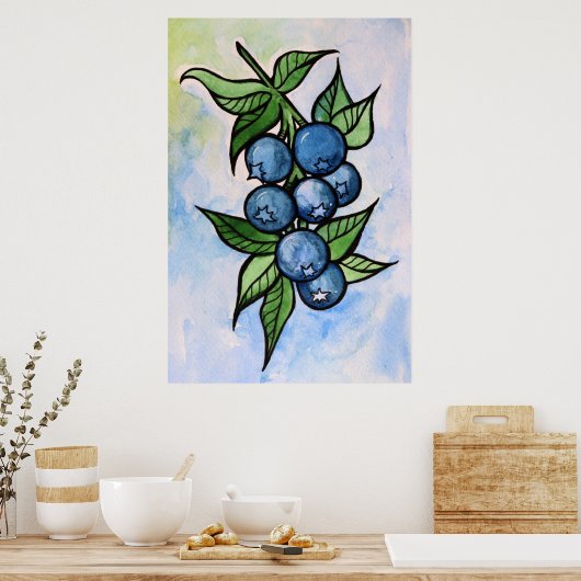 Waterverf Blauwe bessen Poster (Keuken)