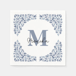Waterverf Blauwe Bladeren Bundle Letter M Monogram Servet