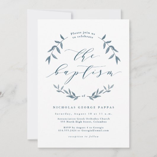 Waterverf blauwe bladeren doop kaart (Voorkant)