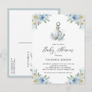 Waterverf Blauwe Bloem Anker Nautilus Thema Babyfe Uitnodiging Briefkaart