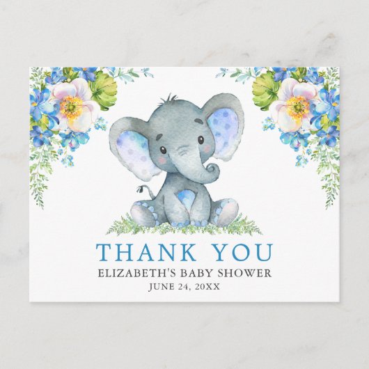 Waterverf Blauwe Bloem Olifant Baby Shower Briefkaart (Voorkant)
