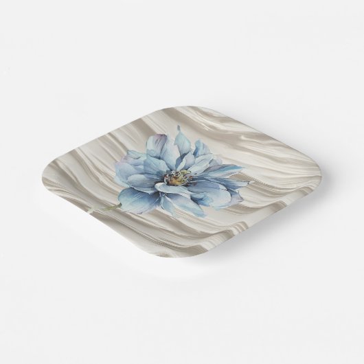 Waterverf Blauwe Bloem op Ivoor Abstract Papieren Bordje (Gebogen)