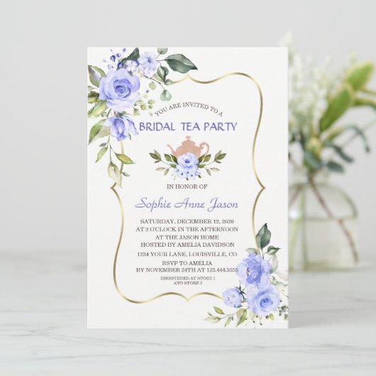 Waterverf Blauwe Bloemachtige Bruiloftstheepartij Kaart (Staand voorkant)