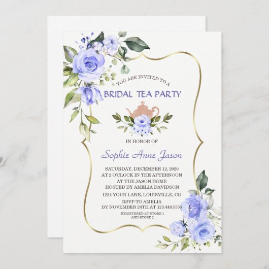 Waterverf Blauwe Bloemachtige Bruiloftstheepartij Kaart (Voorkant / Achterkant)