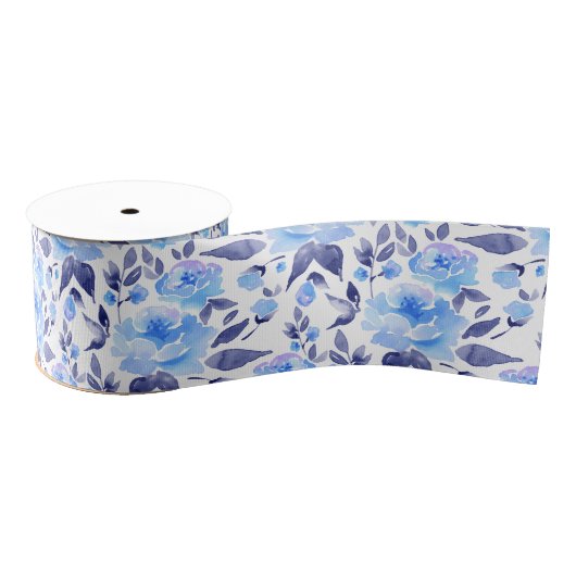 Waterverf blauwe bloemen 2 grosgrain lint (Spoel)