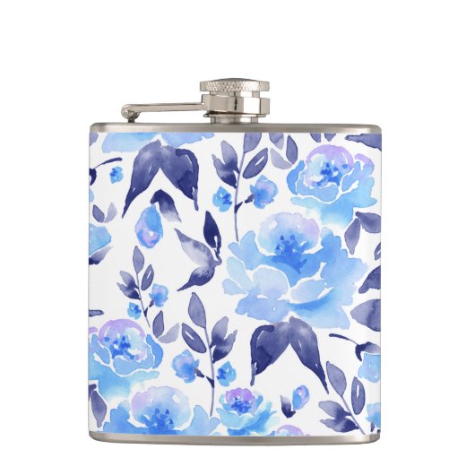 Waterverf blauwe bloemen 2 heupfles (Voorkant)
