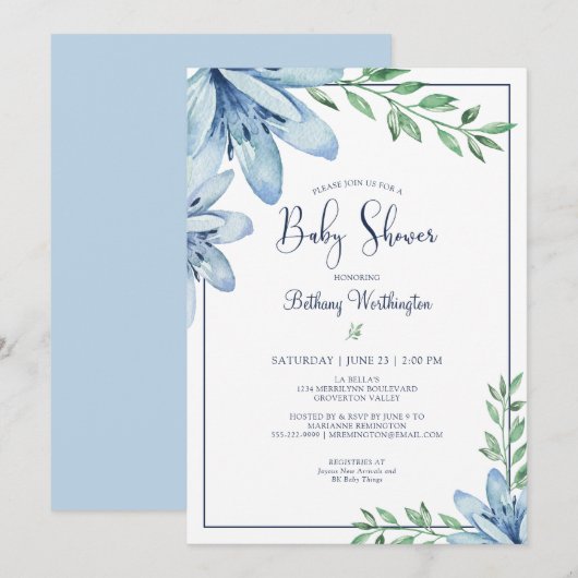 Waterverf Blauwe Bloemen Baby shower Kaart (Voorkant / Achterkant)