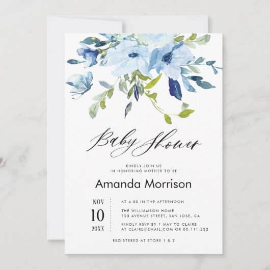 waterverf Blauwe Bloemen baby shower Uitnodiging (Voorkant)