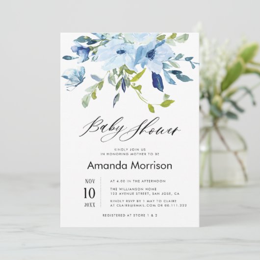 waterverf Blauwe Bloemen baby shower Uitnodiging (Staand voorkant)