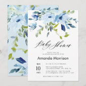 waterverf Blauwe Bloemen baby shower Uitnodiging (Voorkant / Achterkant)