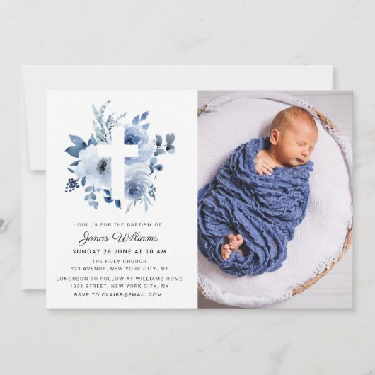 waterverf blauwe bloemen Baptism fotouitnodiging Kaart (Voorkant)
