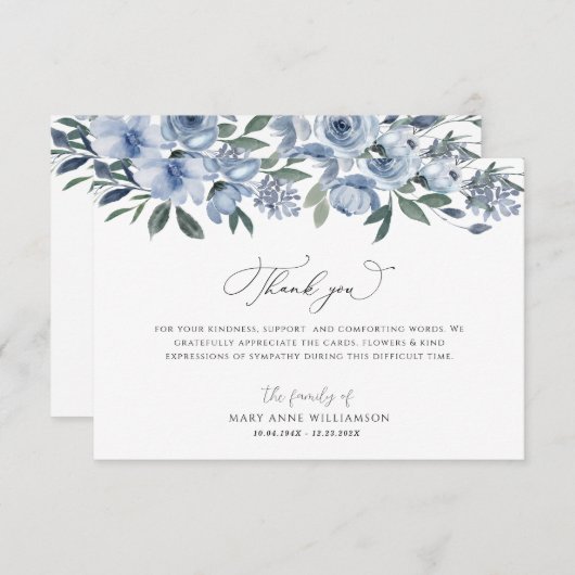 waterverf Blauwe Bloemen Begrafenis Dank u kaarten (Voorkant / Achterkant)