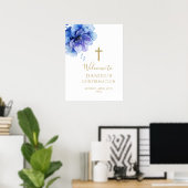 Waterverf Blauwe Bloemen Bevestiging Welkomstbord Poster (Thuiskantoor)