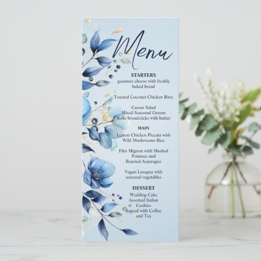 Waterverf Blauwe Bloemen Bruiloft Menu (Staand voorkant)