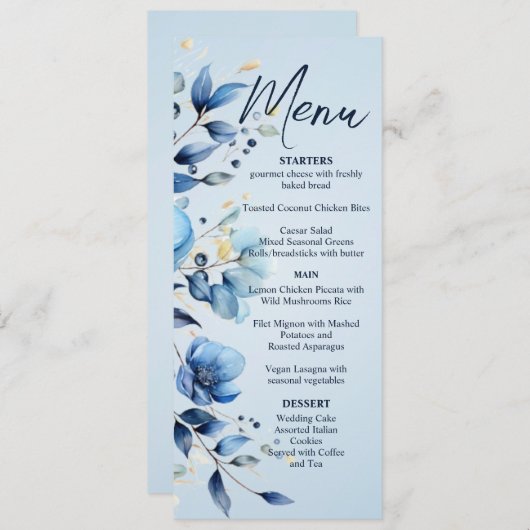 Waterverf Blauwe Bloemen Bruiloft Menu (Voorkant / Achterkant)