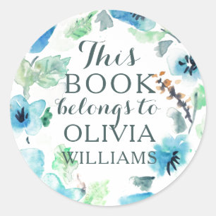 Waterverf blauwe bloemen Dit boek behoort tot de S Ronde Sticker