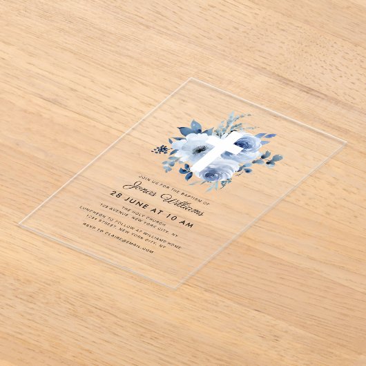 Waterverf blauwe bloemen Doop Acryl Uitnodigingen (Laagn)