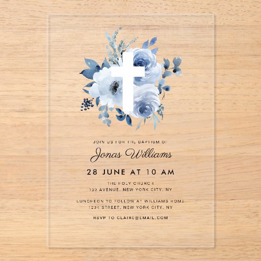 Waterverf blauwe bloemen Doop Acryl Uitnodigingen (Voorkant)