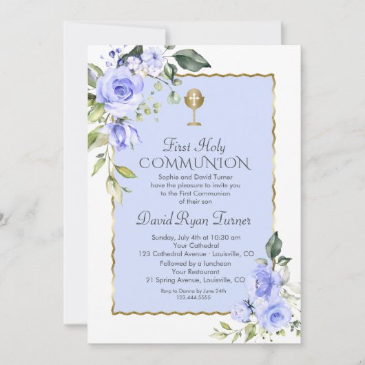 Waterverf Blauwe Bloemen Eerste Heilige Communie Kaart (Voorkant)