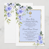 Waterverf Blauwe Bloemen Eerste Heilige Communie Kaart (Voorkant / Achterkant)