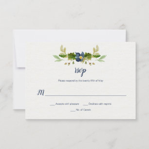 Waterverf Blauwe Bloemen, eikels, eikenbladeren RS RSVP Kaartje