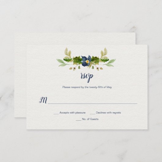 Waterverf Blauwe Bloemen, eikels, eikenbladeren RS RSVP Kaartje (Voorkant / Achterkant)