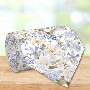 Waterverf Blauwe Bloemen Elegante Bloemige Bruilof Stropdas