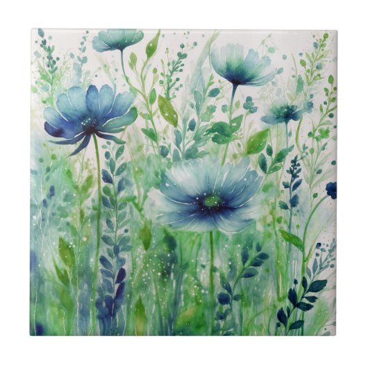 Waterverf Blauwe Bloemen en Groene Bladeren Tegeltje (Voorkant)