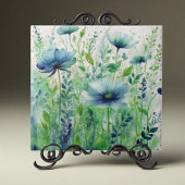 Waterverf Blauwe Bloemen en Groene Bladeren Tegeltje
