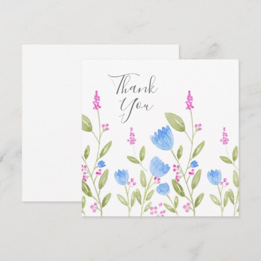 waterverf "Blauwe bloemen en roze bessen" Bedankkaart (Voorkant / Achterkant)