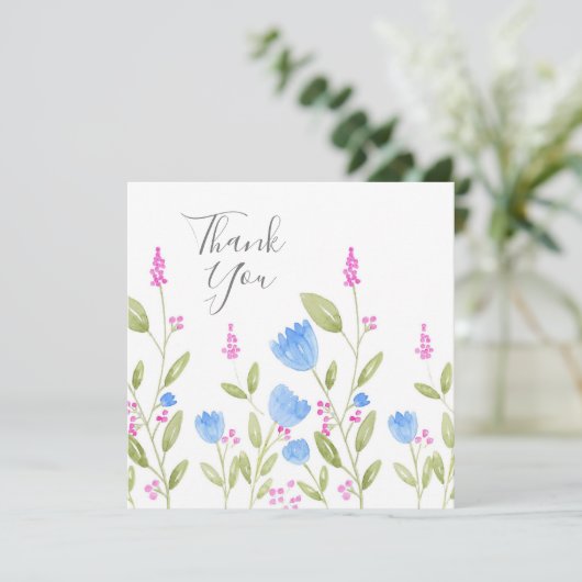 waterverf "Blauwe bloemen en roze bessen" Bedankkaart (Staand voorkant)