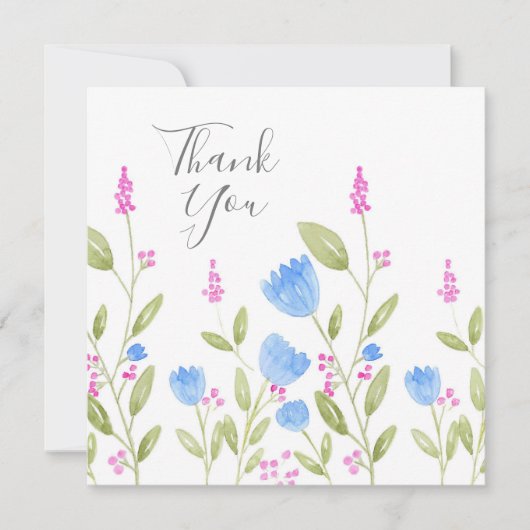 waterverf "Blauwe bloemen en roze bessen" Bedankkaart (Voorkant)