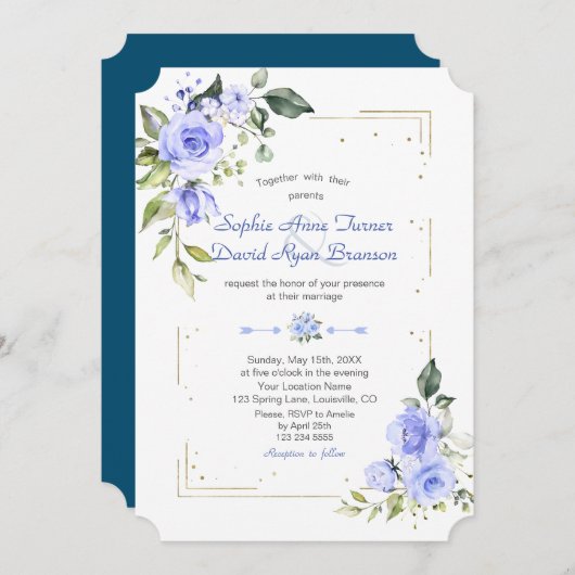 Waterverf Blauwe Bloemen Glitter Wedding Kaart (Voorkant / Achterkant)