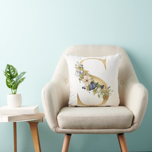 Waterverf Blauwe Bloemen Gouden Brief S Kussen (Stoel)
