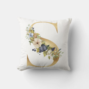 Waterverf Blauwe Bloemen Gouden Brief S Kussen