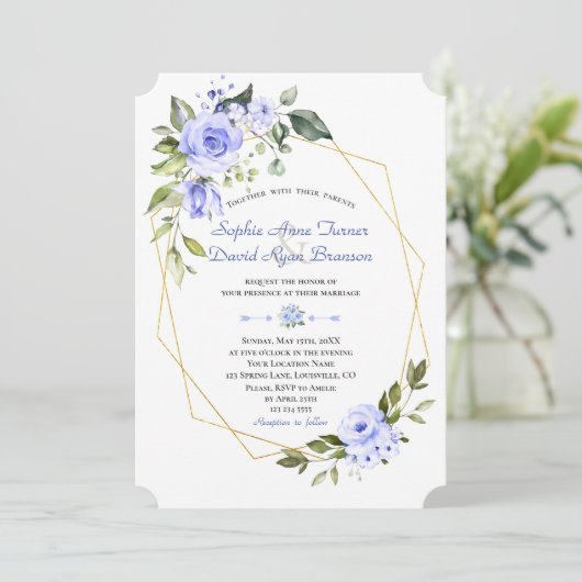 Waterverf Blauwe Bloemen Gouden Lijst bruiloft Kaart (Staand voorkant)