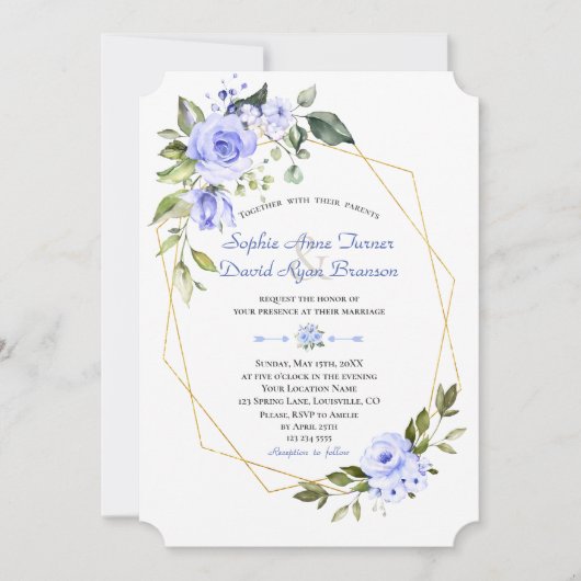 Waterverf Blauwe Bloemen Gouden Lijst bruiloft Kaart (Voorkant)