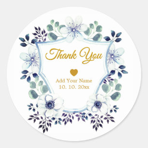 Waterverf Blauwe Bloemen & Gouden Wapen "Dank je" Ronde Sticker